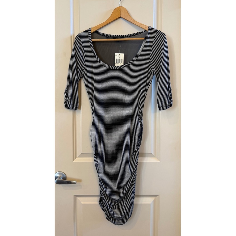 Guess NWT Grey and Black Ruched Striped Bodycon Peekaboo Sheer Back Dress Size S